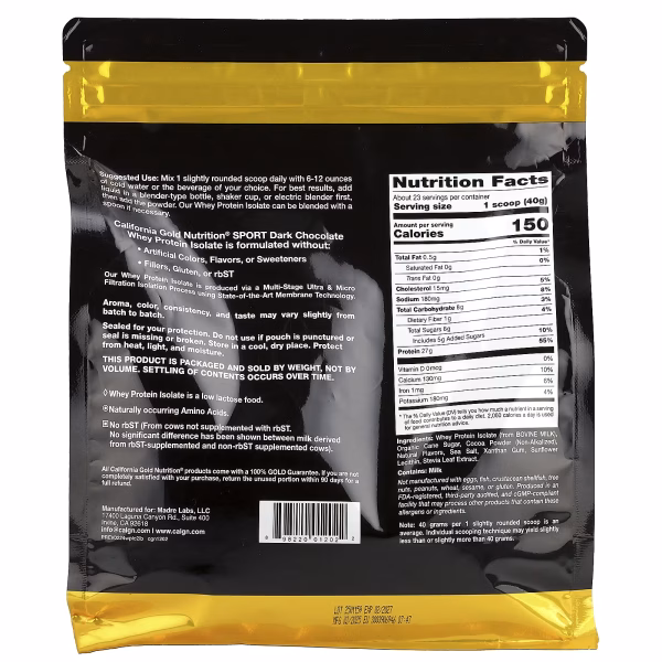 California Gold Nutrition, Sport, Whey Protein Isolate, Dark Chocolate , 2 lb (907 g) - Image 2